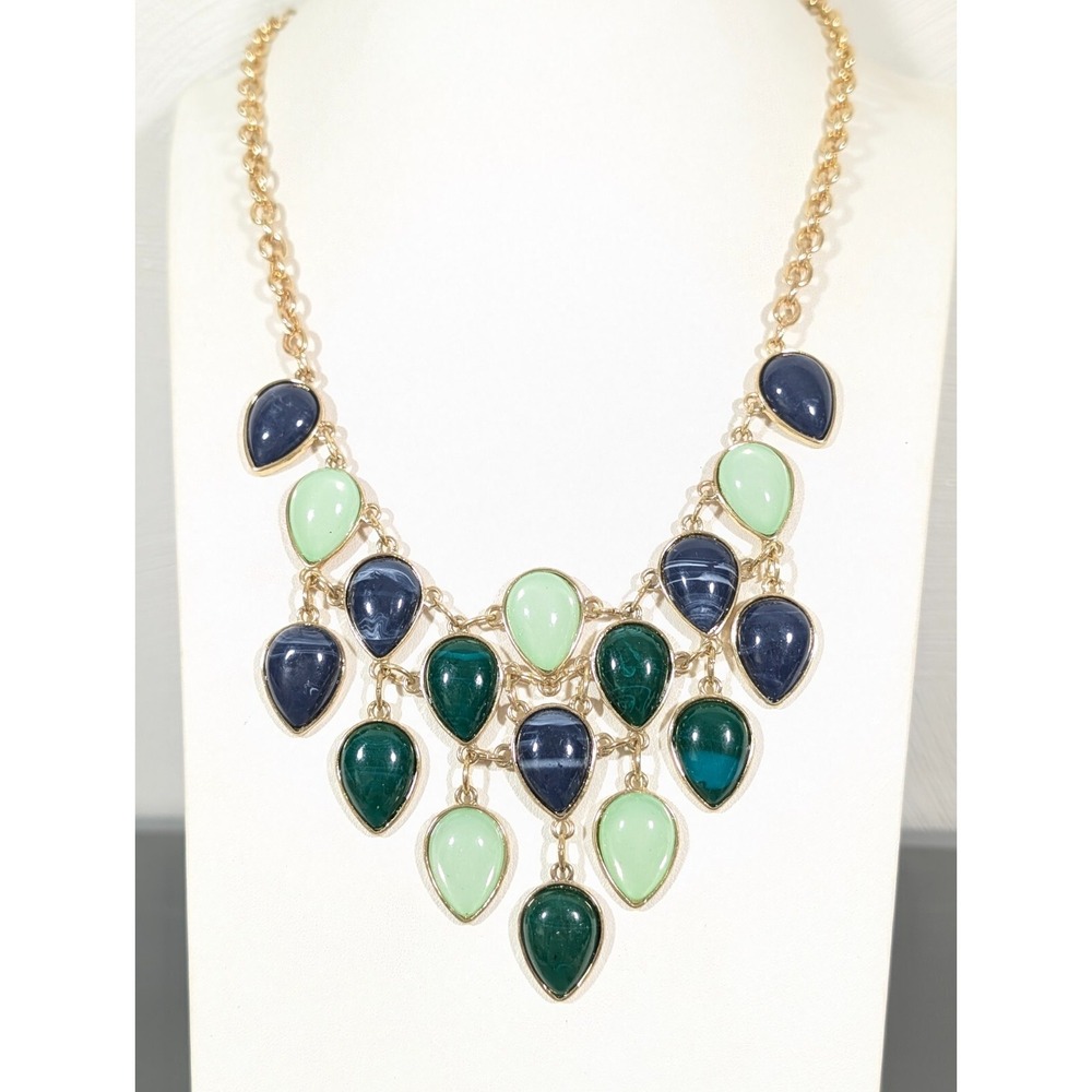 Blue Green Teardrop Statement Bib Necklace Gold Tone Bold‎ Chunky 23"
